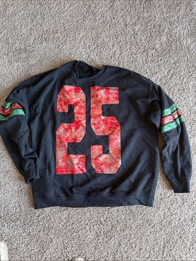 Gildan Black Crewneck Sweater with Red Number and Green Stripe Accents
